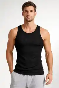 Erkek Fitilli Atlet Sıfır Yaka Slim Fit Arka Baskılı Spor Atlet - Siyah