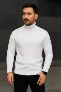 Erkek Fitilli Kazak Tam Boğazlı Balıkçı Yaka Triko 2li Set Beyaz-Siyah