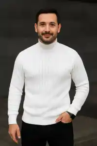 Erkek Fitilli Kazak Tam Boğazlı Balıkçı Yaka Triko 2li Set Beyaz-Siyah