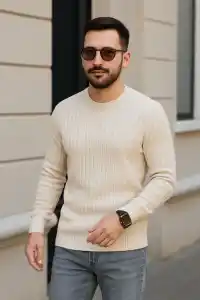 Erkek Fitilli Triko Bisiklet Yaka Kalın Kazak 3lü Set Bej-Bebek Mavisi-Siyah