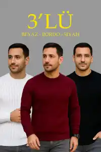 Erkek Fitilli Triko Bisiklet Yaka Kalın Kazak 3lü Set Beyaz-Bordo-Siyah