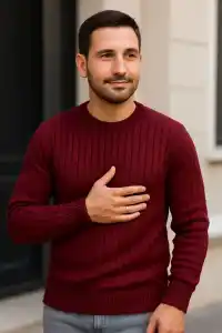 Erkek Fitilli Triko Bisiklet Yaka Kalın Kazak 3lü Set Beyaz-Bordo-Siyah