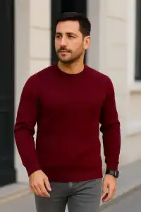 Erkek Fitilli Triko Bisiklet Yaka Kalın Kazak 3lü Set Beyaz-Bordo-Siyah
