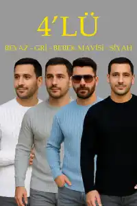 Erkek Fitilli Triko Bisiklet Yaka Kalın Kazak 4lü Set Beyaz-Bebek Mavisi-Gri-Siyah