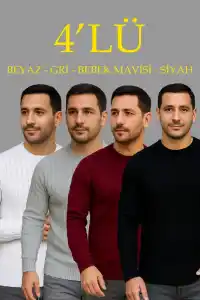 Erkek Fitilli Triko Bisiklet Yaka Kalın Kazak 4lü Set Beyaz-Bordo-Gri-Siyah