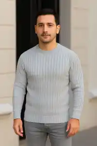 Erkek Fitilli Triko Bisiklet Yaka Kalın Kazak 4lü Set Beyaz-Bordo-Gri-Siyah