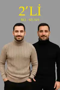 Erkek Fitilli Kazak Tam Boğazlı Balıkçı Yaka Triko 2li Set Bej-Siyah
