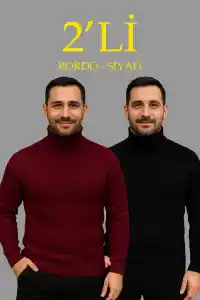 Erkek Fitilli Kazak Tam Boğazlı Balıkçı Yaka Triko 2li Set Bordo-Siyah