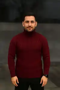 Erkek Fitilli Kazak Tam Boğazlı Balıkçı Yaka Triko 2li Set Bordo-Siyah