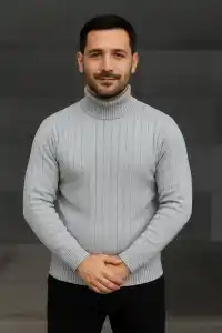 Erkek Fitilli Kazak Tam Boğazlı Balıkçı Yaka Triko 2li Set Gri-Siyah