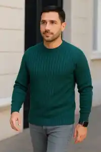 Erkek Fitilli Triko Kazak 2’li Set Siyah Haki Kalın Dokuma Pamuklu Regular Fit Bisiklet