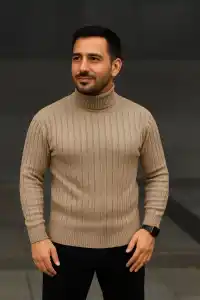 Erkek Fitilli Kazak Tam Boğazlı Balıkçı Yaka Triko 3lü Set  Bej-Haki-Siyah