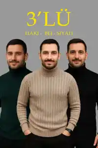 Erkek Fitilli Kazak Tam Boğazlı Balıkçı Yaka Triko 3lü Set  Bej-Haki-Siyah