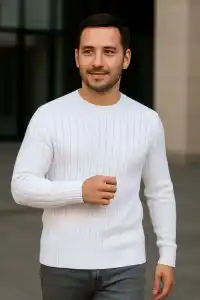 Erkek Fitilli Triko Bisiklet Yaka Kalın Kazak 3lü Set Beyaz-Gri-Siyah