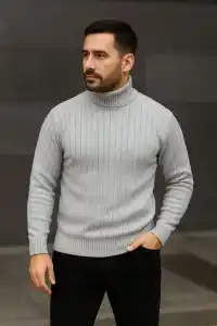 Erkek Fitilli Kazak Tam Boğazlı Balıkçı Yaka Triko 3lü Set  Gri-Haki-Siyah