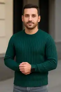 Erkek Fitilli Triko Bisiklet Yaka Kalın Kazak 3lü Set Gri-Haki-Siyah
