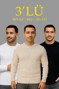 Erkek Fitilli Triko Kazak 3’lü Set Bej Beyaz Siyah | Kalın Dokuma Pamuklu Regular Fit