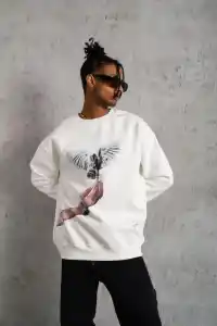 Erkek Güvercin Baskılı 3 iplik pamuklu Bisiklet Yaka Sweatshirt - Beyaz