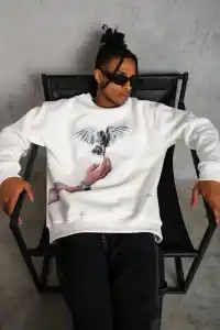 Erkek Güvercin Baskılı 3 iplik pamuklu Bisiklet Yaka Sweatshirt - Beyaz