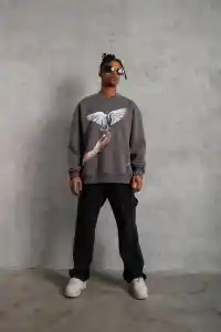 Erkek Güvercin Baskılı 3 iplik pamuklu Bisiklet Yaka Sweatshirt - Gri