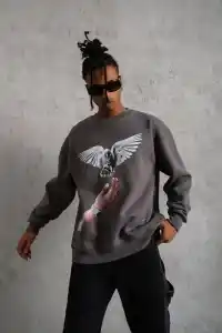 Erkek Güvercin Baskılı 3 iplik pamuklu Bisiklet Yaka Sweatshirt - Gri