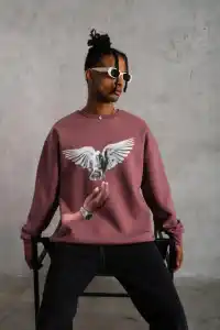 Erkek Güvercin Baskılı Bisiklet Yaka Sweatshirt 3 iplik pamuklu - Gül Kurusu