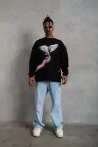 Erkek Güvercin Baskılı 3 iplik Bisiklet Yaka ipamuklu Sweatshirt - Siyah
