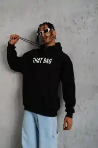 Erkek 3 İplik Pamuklu Kapüşonlu Baskılı Cepli Oversize Sweatshirt Hoodie - Siyah