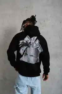 Erkek 3 İplik Pamuklu Kapüşonlu Baskılı Cepli Oversize Sweatshirt Hoodie - Siyah
