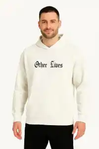 Erkek Kapüşonlu Kanguru Cepli Sweatshirt 3 İplik Pamuklu Baskılı Hoodie - Beyaz
