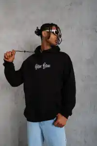 Erkek Kapüşonlu Kanguru Cepli Sweatshirt 3 İplik Pamuklu Baskılı Hoodie - Siyah