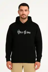 Erkek Kapüşonlu Kanguru Cepli Sweatshirt 3 İplik Pamuklu Baskılı Hoodie - Siyah