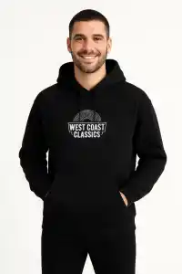 Erkek Kapüşonlu Kanguru Cepli Sweatshirt 3 İplik Pamuklu Baskılı Hoodie -  Siyah