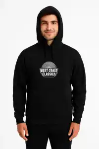 Erkek Kapüşonlu Kanguru Cepli Sweatshirt 3 İplik Pamuklu Baskılı Hoodie -  Siyah