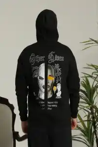 Erkek 3 İplik Pamuklu Kapüşonlu Baskılı Cepli Oversize Sweatshirt Hoodie - Siyah