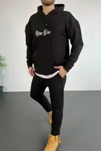 Erkek 3 İplik Pamuklu Kapüşonlu Baskılı Cepli Oversize Sweatshirt Hoodie - Siyah