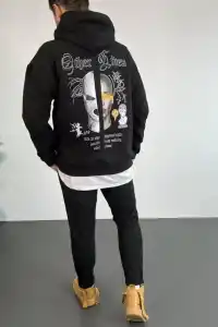 Erkek 3 İplik Pamuklu Kapüşonlu Baskılı Cepli Oversize Sweatshirt Hoodie - Siyah