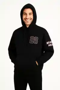 Erkek Kapüşonlu Kanguru Cepli Sweatshirt 3 İplik Pamuklu Baskılı Hoodie - Siyah