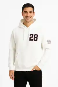 Erkek Kapüşonlu Kanguru Cepli Sweatshirt 3 İplik Pamuklu Baskılı Hoodie - Beyaz