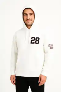 Erkek Kapüşonlu Kanguru Cepli Sweatshirt 3 İplik Pamuklu Baskılı Hoodie - Beyaz