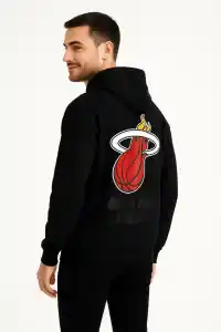 Erkek Kapüşonlu Kanguru Cepli Sweatshirt 3 İplik Pamuklu Baskılı Hoodie - Siyah