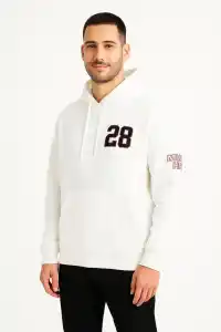 Erkek Kapüşonlu Kanguru Cepli Sweatshirt 3 İplik Pamuklu Baskılı Hoodie - Beyaz