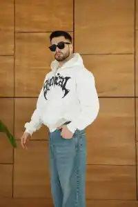 Erkek Kapüşonlu 3 İplik Şardonlu Önü Baskılı Fermuarlı Oversize Sweatshirt - Beyaz