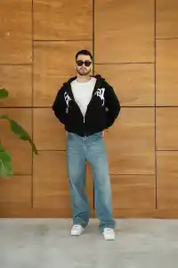 Erkek Kapüşonlu 3 İplik Şardonlu Önü Baskılı Fermuarlı Oversize Sweatshirt - Siyah