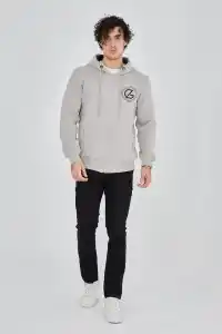 Erkek 3 İplik Pamuklu Fermuarlı Kapüşonlu Kanguru Cepli Baskılı Hoodie Hırka Sweatshirt - Boyalı Gri