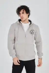 Erkek 3 İplik Pamuklu Fermuarlı Kapüşonlu Kanguru Cepli Baskılı Hoodie Hırka Sweatshirt - Boyalı Gri