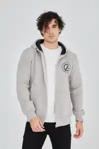 Erkek 3 İplik Pamuklu Fermuarlı Kapüşonlu Kanguru Cepli Baskılı Hoodie Hırka Sweatshirt - Boyalı Gri