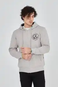 Erkek 3 İplik Pamuklu Fermuarlı Kapüşonlu Kanguru Cepli Baskılı Hoodie Hırka Sweatshirt - Boyalı Gri