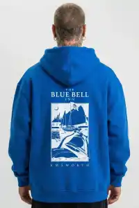 Erkek Baskılı Kapüşonlu Cepli Hoodie 3 İplik Pamuklu Sweatshirt - Saks Mavisii