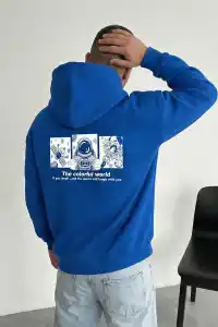 Erkek Baskılı Kapüşonlu Cepli Hoodie 3 İplik Pamuklu Sweatshirt - Saks Mavisi